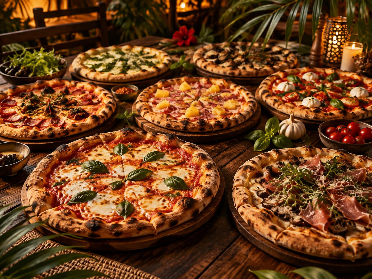 Seleção de pizzas servidas no rodízio